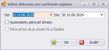 4. Krok: Po kliknutí na tlačidlo Import výpisov z API TB, sa zobrazí okno pre výber rozsahu dátumov a možnosti automaticky párovať úhrady.