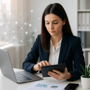 Digitalizácia podnikania Slovensko: Podnikateľka pri notebooku pracujúca v EcoSun systéme